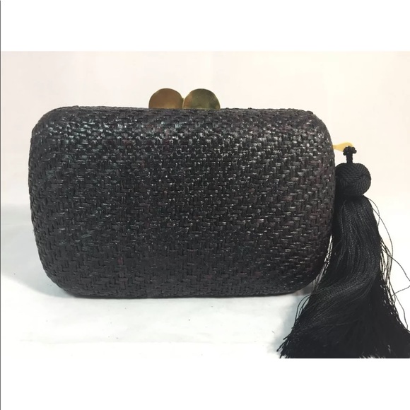 New Handmade Minaudière Clutch Black Woven Natural Fibre Tassel Gold Chain - Picture 2 of 12